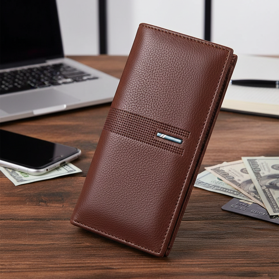 Men’s Slim Long Wallet | Premium PU Leather | Cash, Mobile & Card Holder | Brown