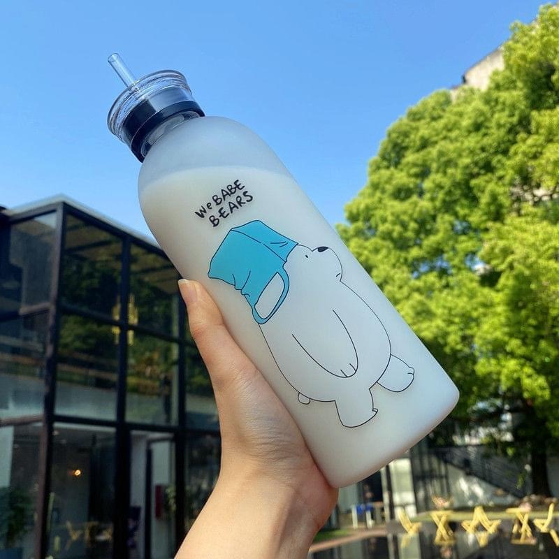 Cute Bare Bears Water Bottle 1000ml – Straw & Caps
